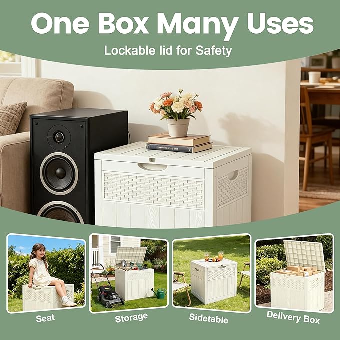 ZYJOYY 33 Gallon Resin Deck Box, Weatherproof Outdoor Storage Box for Patio, Garden and Yard, Lockable Waterproof Bin for Tools, Cushions, and Accessories, White