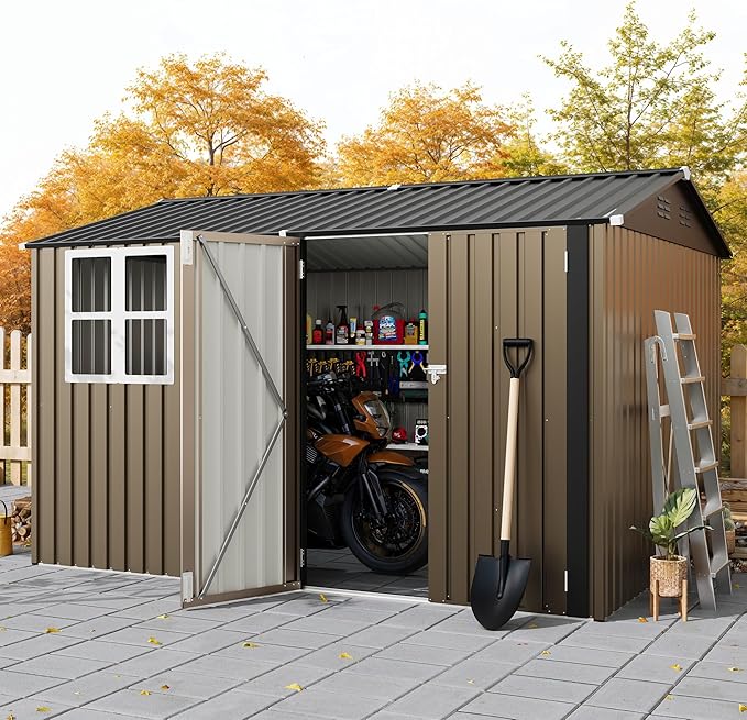 8x10 FT Outdoor Storage Shed,450CU.T Metal Tool Shed with Clear Window, Lockable Doors,Large Garden Storage Box with Sloping Roof，Sheds&Outdoor Storage for Backyard Garden Patio Lawn