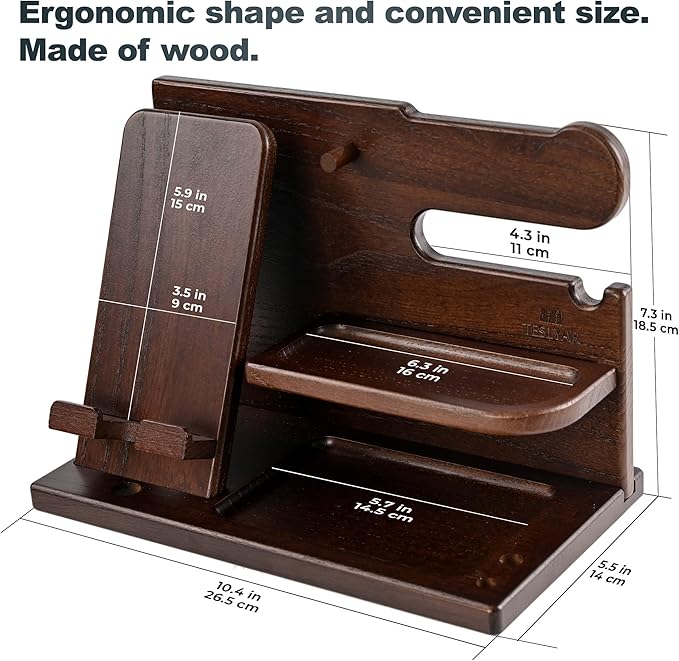 TESLYAR Wood Phone Docking Station for Men - Desk or Nightstand Organizer - Birthday Gifts for Husband, Dad - Anniversary Idea from Wife - Key Holder, Stand Wallet, Watch, Essentials (Chocolate Brown)