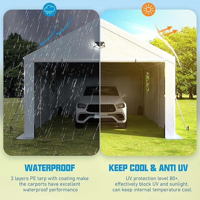 Carports Canopy 13x20 Heavy Duty, Portable Car Port Garage with Roll Up Drive Through Doors, White