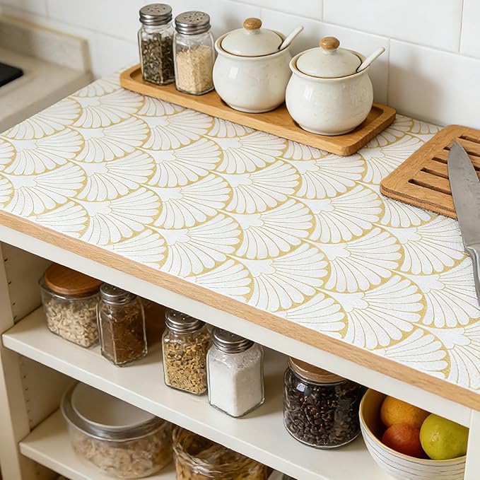 Shelf Liners Non Adhesive Gold Background White Fan-Shaped Pattern - Thickened Non-Slip Easy to Clean Drawer Liner for Kitchen Cabinets, Tool Box,Refrigerator,with Knife & Tape Measure,12in x 10FT