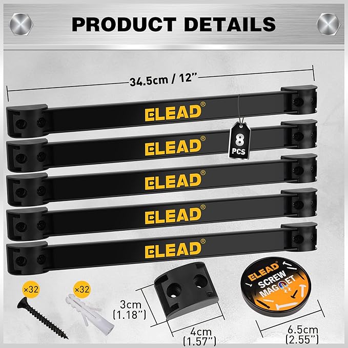 ELEAD 9-Piece 12" Magnetic Tool Holder Storage Organizer - Wall Mount Rack Garage Organization Power Magnet Hanger Workbench Board Slatwall Van Organizers Mounted Hanging Strip