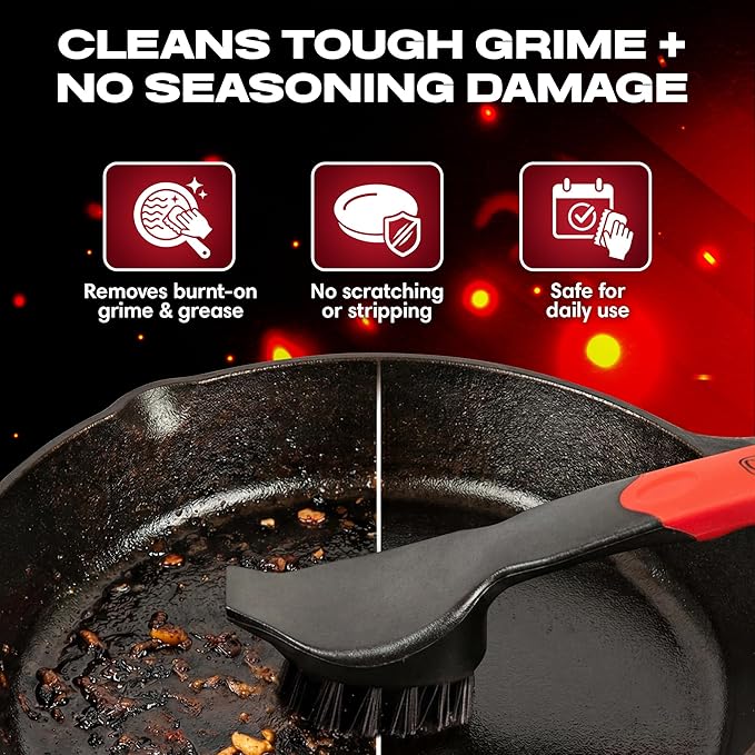 Cast Iron Scrub Brush & Scraper, Dish Scrubber Brush with Heavy Duty Scraper & Superior Nylon Bristles for Cleaning Cast Iron Pan & Skillets, Removes Grime, Grease & Food Build Up by Chef Master 90058