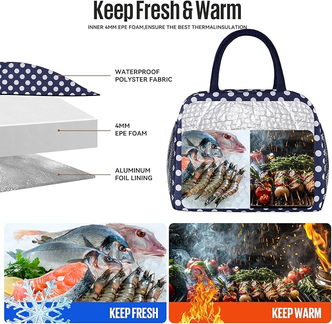 Lunch Bag Women/Men Lunch Box Women/Men (Blue+White dots)