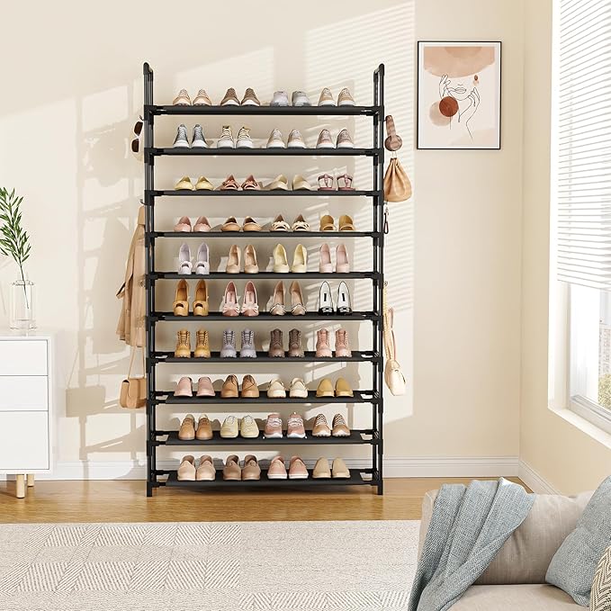 Tall Shoe Rack 10 Tier Shoe Organizer Large Shoe Shelf with 18 Hooks Storage for 50 Pair, Stackable Vertical Shoe Rack Organizer for Closet, Entryway, Bedroom