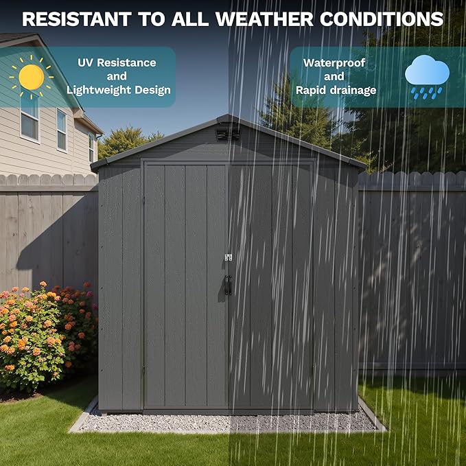 Devoko 6x4 FT Resin Storage Shed with Floor, Outdoor Plastic Garden Shed with Window, Waterproof Tool Storage Shed with Lockable Door for Patio, Garden, Backyard, Dark Gray