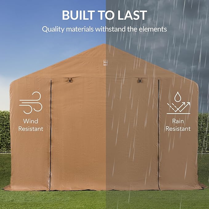 Best Choice Products 10x8ft Outdoor Storage Shed, Carport, Canopy Shelter, Dual Doors & Windows, Metal Frame, Weather-Resistant, Perfect for Storing Motorcycle, Bike, Garden Tools – Tan