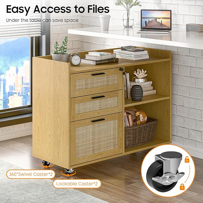 Rattan File Cabinets, 3 Drawer Lateral Filing Organization Storage Cabinets with Lock, Rolling Printer Stand Home Office Organizer for Hanging Files Letter/Legal/A4 Size, Oak