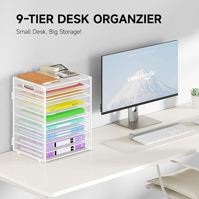 9 Tier Paper Organizer with Handle, White Large Capacity Desk Organizer Mesh File Folder Letter Paper Tray Desktop Document Sorter for Classroom, School, and Office Accessories Organization