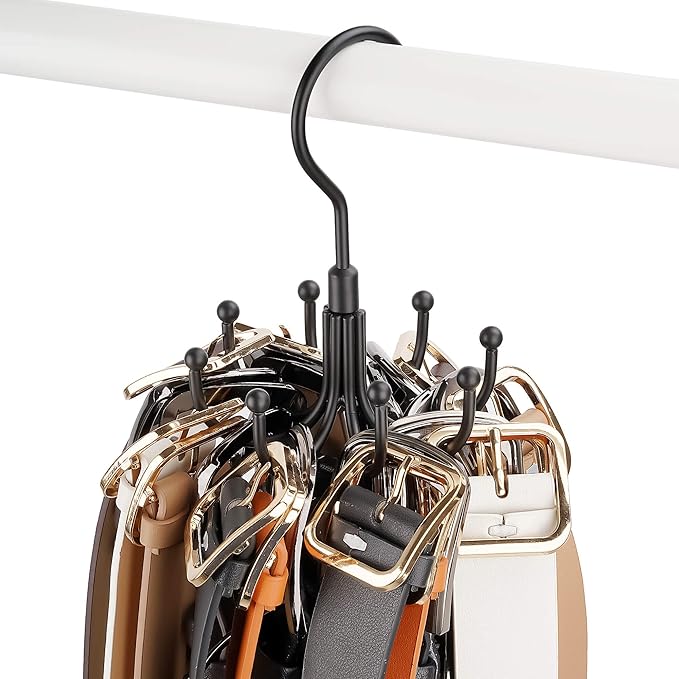 ZEDODIER Belt Hanger, 2 Pack Rotatable Belt Rack Closet Accessories Organizer, Maximum 24 Storage Capacity, Hanging Holder Storage Hook for Belt, Bra, Tank Top, Tie, Scarf, Purse, Black