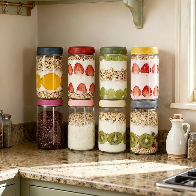 24 OZ Overnight Oats Jars with Lids 4 Pack, Glass Meal Prep Containers, Reusable Food Storage Jars, Airtight Mason Jars for Breakfast, Yogurt Parfait, Salad, Smoothies(4-1)