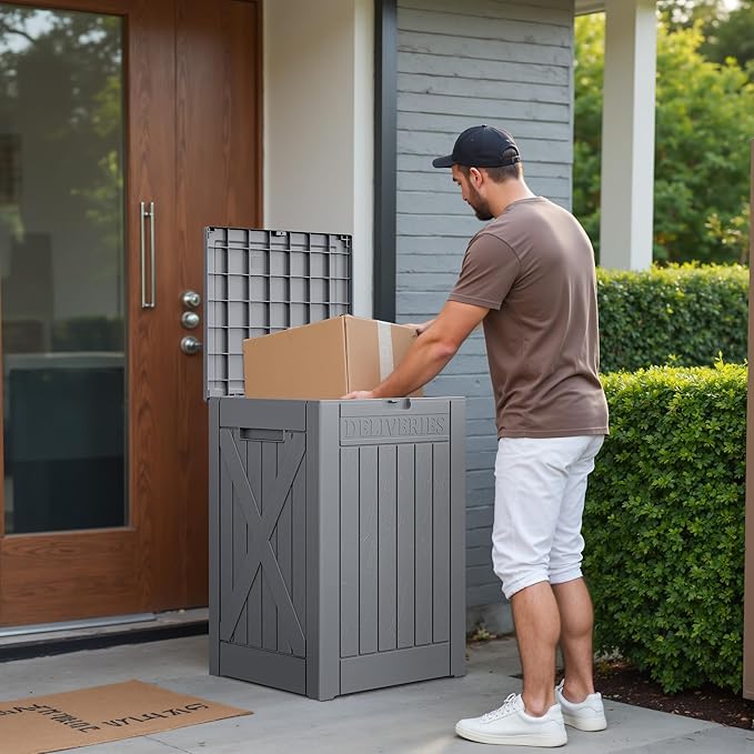 Greesum 52 Gallon Large Outdoor Package Delivery Box for Porch, Lockable Secure Double-Wall Resin Storage Bin, Waterproof Deck Container for Package Protection, Gray