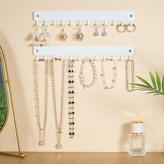Drill-In Necklace Organizer: Sturdy Necklace Holder Wall Mounted with Hooks for Tangle-Free Jewelry Storage – Space-Saving Wall Necklace Hanger, White, 2 PCS