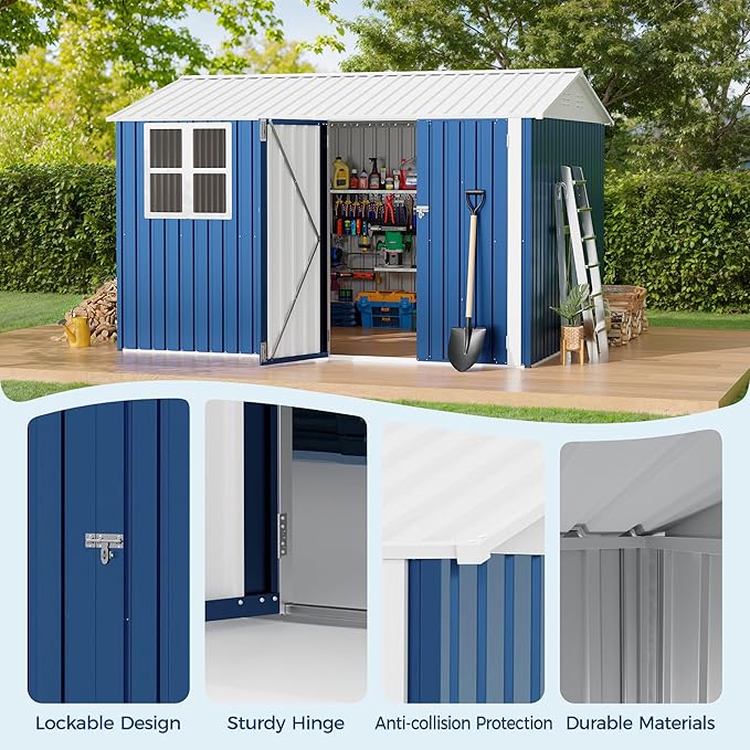 8x10 FT Outdoor Storage Shed,450CU.T Metal Tool Shed with Clear Window, Lockable Doors,Large Garden Storage Box with Sloping Roof，Sheds&Outdoor Storage for Backyard Garden Patio Lawn