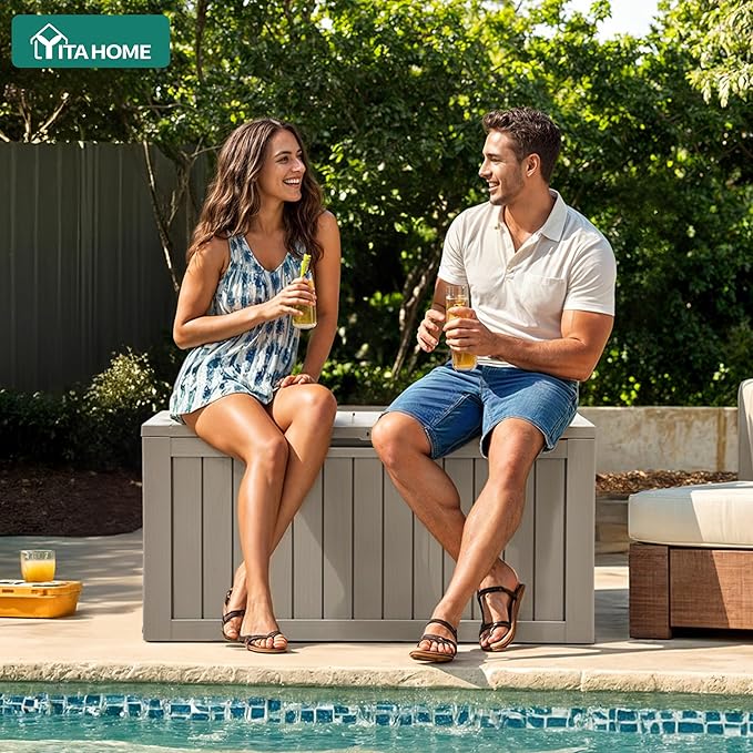 YITAHOME 72 Gallon Outdoor Storage Box w/Wheels, Resin Deck Box Indoor & Outdoor Patio Storage Box for Throw Pillows, Athletic Gear, Yard (Light Brown)