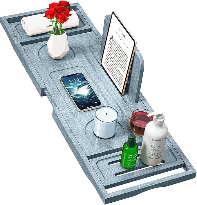 Bathtub Tray Caddy - Bath Tray - Bath Tub Tray Caddy - Bamboo Bath Tray for Tub - Expandable Size, Fits Most Tubs