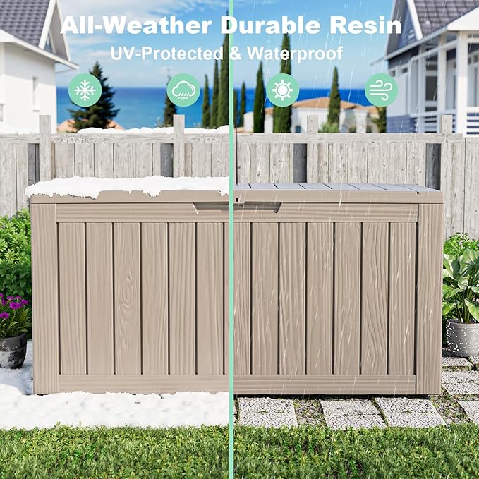 80 Gallon Outdoor Deck Box,Waterproof Resin Outdoor Storage Boxes, Outside Storage Lockable Container for Garden Tools,Indooor Cushions,Accessories (Grey)
