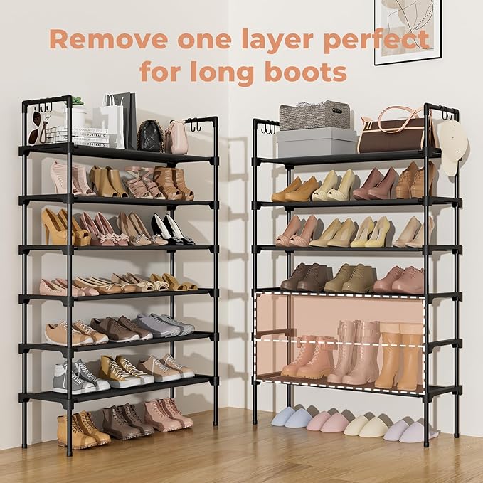 6 Tier Shoe Rack for Closet Shoe Organizer with 5 Hooks, Long Shoe Shelf Storage for Shoe and Boot Stackable Free Standing Shoe Rack for Entryway, Garage, Small Spaces, Dorm, Black