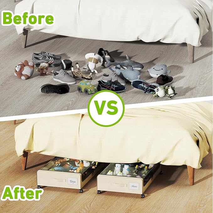 Under Bed Storage with Wheels, XXL 60L Under the Bed Storage Bins, Underbed Storage Containers with Lids & Label, Rolling Metal Drawer for Shoes, Clothes, Books, Toys (2-Pack Beige)