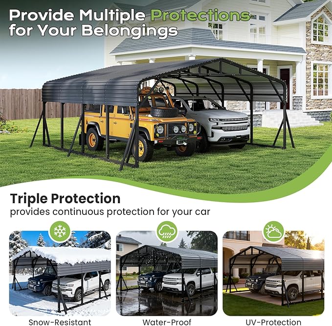 20x20FT Heavy Duty Metal Carport, Outdoor Portable Car Garage w/Reinforced Support Rods & Windproof Ground Anchors, All-Season Versatile Outdoor Shelter for 2 Car, Boats, Truck