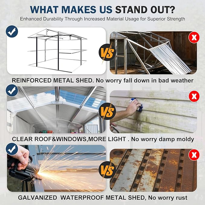 12x10 FT Outdoor Metal Shed,Unique Clear Roof Windows Lockable Double Door Air Vent,Heavy Duty Reinforced Frame Waterproof Sheds for Garden Storage Large Lawnmower Tool,Dark Grey
