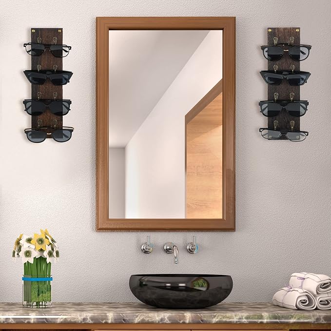 Moxweyeni Set of 2 Rustic Mounted Sunglasses Storage Organizer Wood Eyeglasses Holder Sunglass Rack Eyeglasses Display Rack with Metal Hooks Glasses Wall Decor Hanging Jewelry Organizers for Home