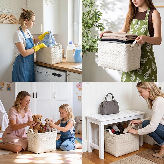 Handwoven Clothes Basket Laundry Hampers Large Wicker Storage Baskets for Shelves Blankets Closet Storage Bins Car Bedroom Bathroom Organizers and Storage Bath (Pack of 4, White)