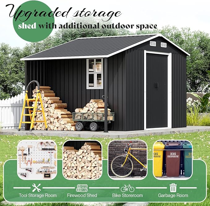 Jocisland 10.6x6.8x6.3 FT Outdoor Storage Shed with Sliding Doors, Two 4-Pane Windows, Open-Air Design Outdoor Shed for Wood Storage, Dark Grey/White