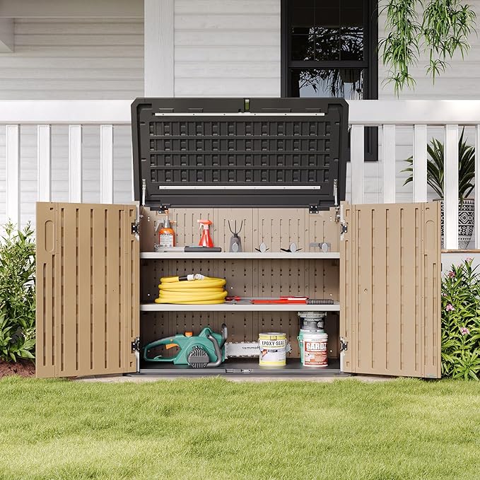 Aoxun Outdoor Storage Cabinet 35 Cu.Ft 2 Shelves, Outdoor Trash Can Storage Shed Waterproof Horizontal Storage Shed Outdoor Storage for Garbage Bin, Generator, and Lawn Mower (Brown)