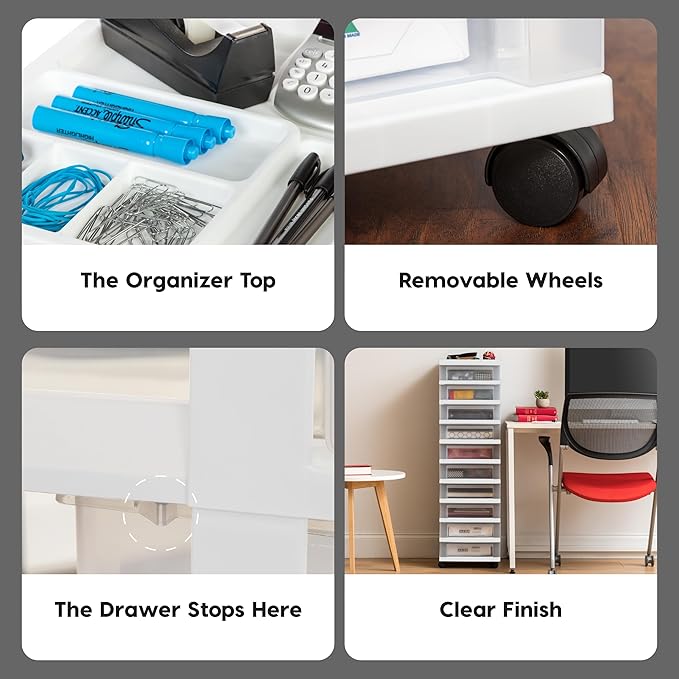 IRIS USA Plastic Drawer Storage Organizer Rolling Cart, with Wheels Casters, 10-Drawers, for Classroom Art Craft Supplies Dresser Closet Bathroom Laundry Room, White/Clear