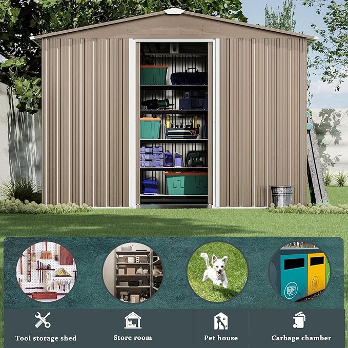 8 x 6 FT Outdoor Storage Shed with Frame Floor, Waterproof Lockable Door Metal Tool Shed with Sliding Door and Ventilation, Gardening Tool Storage Room, Metal Storage Shed for Gardens & Lawns