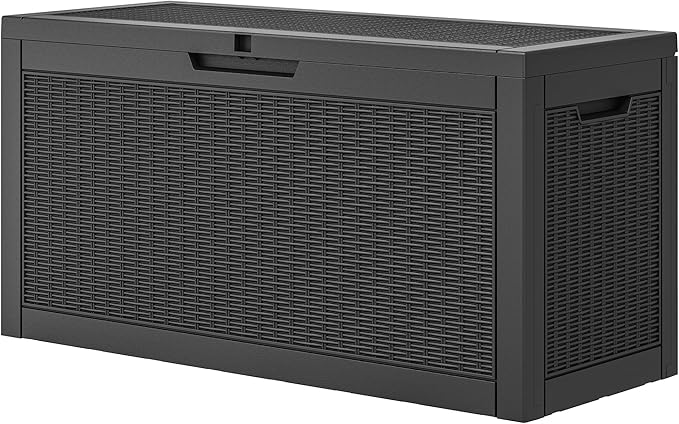 60 Gallon Outdoor Storage Box, Resin Deck Boxes Outdoor Waterproof For Patio Furniture, Garden Tools, Pool Supplies, Lockable And UV Resistant (Rattan Black)