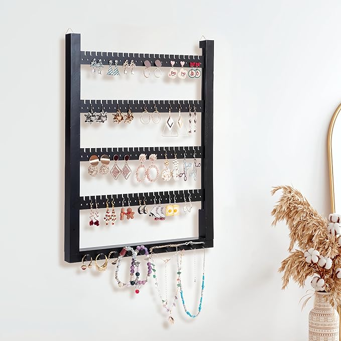 Solid Wood Earring Hanging Jewelry Organizer Wall Mounted Earring Organizer and Necklace Holder- Earring Display for studs, dangling, Necklace, Bracelet, and Rings-Black Color