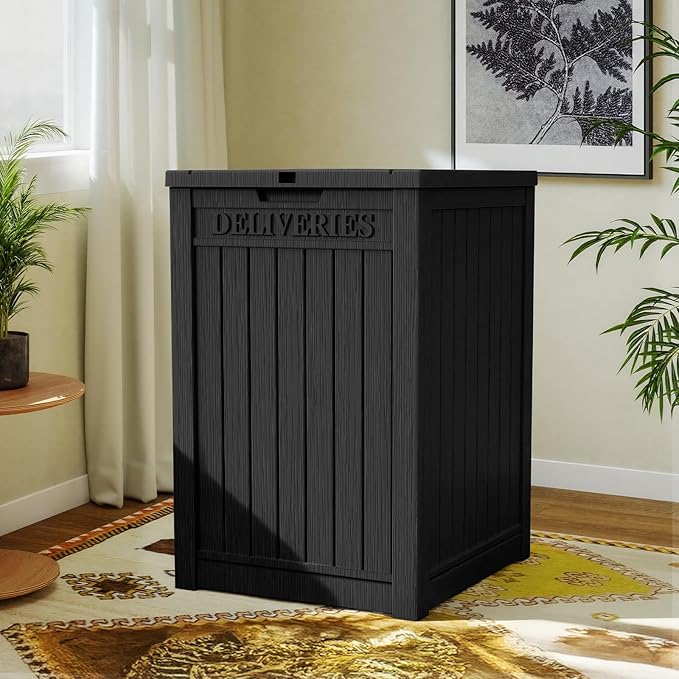 EasyUp Outdoor Package Delivery Box, 55-Gallon Lockable Parcel Drop Box, Large Double-Walled Resin Weatherproof Storage Deck Box for Porch and Patio (Black)