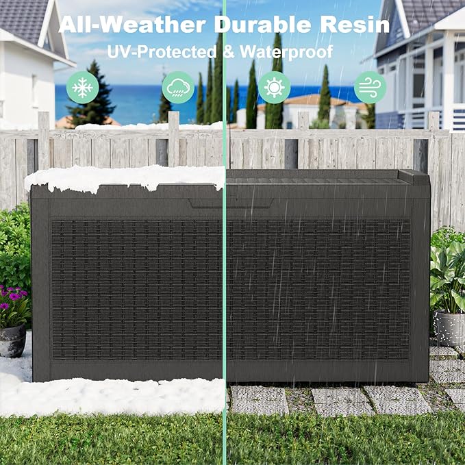 60 Gallon Waterproof Resin Deck Box, UV Resistant Outdoor Storage for Garden, Patio, Porch, Delivery（Black，60 Gallon）