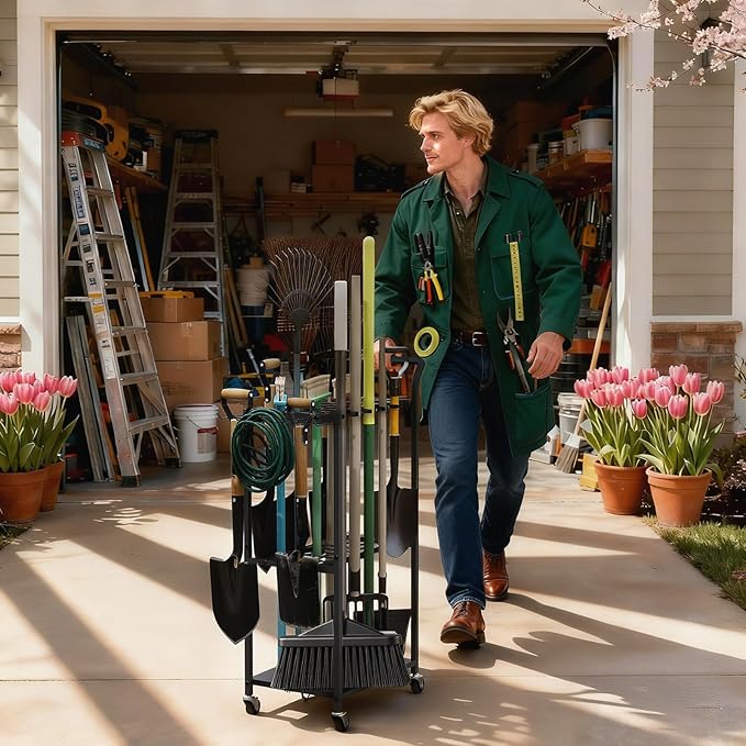 Garden Tool Organizer with Wheels, Heavy Duty Rolling Yard Tool Rack with 14 Hooks & 5 Slots, 3-Tier Metal Cart Holds 50+ Rakes/Shovels/Brooms, Mobile Lawn Storage for Garage Shed Outdoor