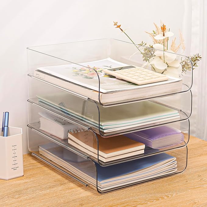 Set of 4 Office Organization and Storage, Clear PET Letter Tray Desk Organizer, Stackable Document Organizer and File Paper Organizer for Office Supplies