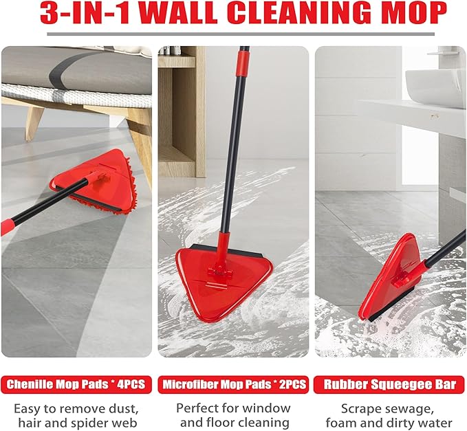 NEWE Wall Mop Cleaner with 80 inches Long Handle, 180° Folding Ceiling Cleaning Tool with Squeegee for Washing Painted Walls, Triangle Baseboard Scrubber with 3 Chenille Duster and 3 Microfiber Pads