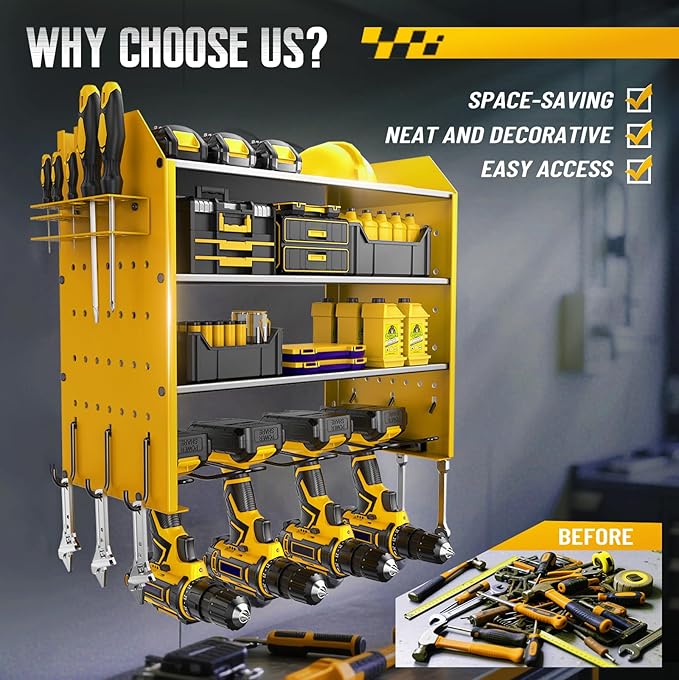 Power Tool Organizer Rack for Home Tool Storage, 4 Tier Wall Organizer for Drills, Tool Battery Storage, Utility Holder Wall Mountr with Hooks,Yellow