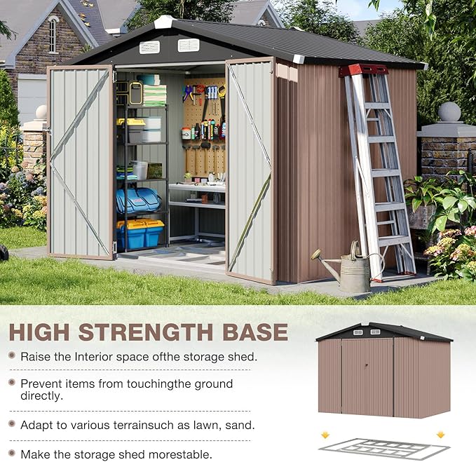 Aoxun 8x6 FT Shed with Base Metal Outdoor Storage Shed Garden Shed with Lockable Doors Tool Shed Bike Shed for Backyard, Patio, Poolside (Brown)