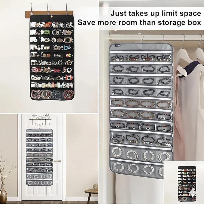 Hanging Jewelry Organizer, Double-Sided 48 Pockets, Closet & Hook Jewelry Storage, for Earrings, Necklaces, Bracelets, Rings & Pendants, Necklace Holder/Hanging Earring Organizer, White