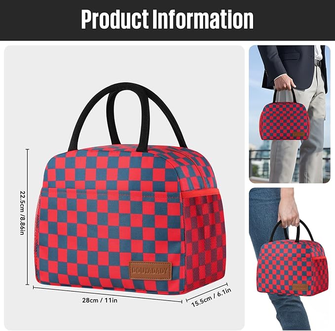 Lunch Bag Women/Men Lunch Box Women/Men (Dark blue+Red Checkerboard)