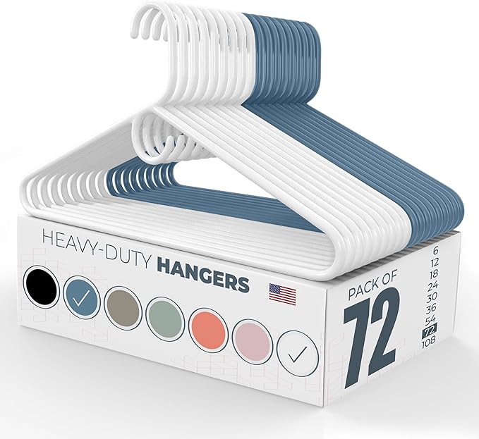 Neaties Heavy Duty Clothes Hangers 50+ Pack (72 Count) – Made in The USA – 8lb Capacity Plastic Hangers for Adult Clothing – Durable for Pants, Coats, Jackets, or Jeans – White & Blue