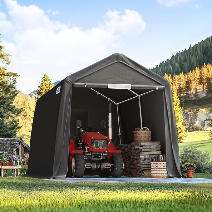 ADVANCE OUTDOOR 8x14 ft Steel Metal Peak Roof Portable Garage Shelter Storage Shed Carport for Motorcycle, Bike or Garden Tools with 2 Roll up Doors & Vents, Gray
