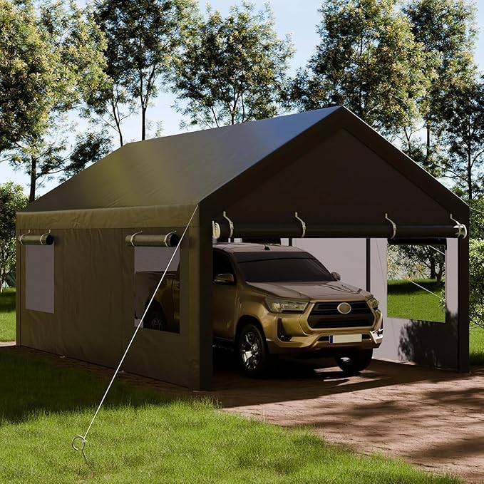 Shintenchi 12x20 FT Heavy-Duty Design Carport,Portable Garage Canopy,Carport Canopy with Side-Opening Removable Door & Roll-Up Window,Portable Car Port for Car, Truck, Boat,Grey