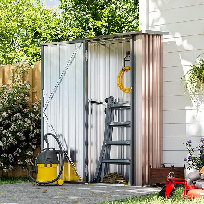 Aoxun 30"x21" Outdoor Metal Storage Shed, Vertical Cabinet with Lockable Door & Sloping Roof, Outdoor Storage Cabinet for Garden, Patio and Lawn(Brown)