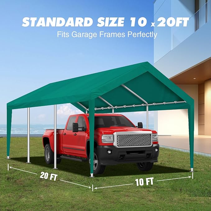 10x20FT Carport Canopy Replacement Cover Heavy Duty Waterproof & UV Protected, All Weather Car Shade Canopy with Ball Bungees (Green, 10'x20')