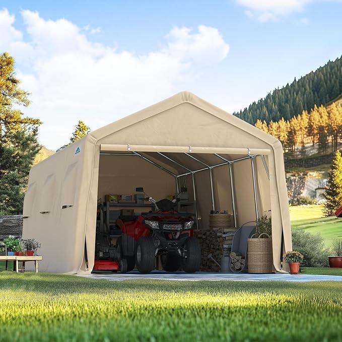 ADVANCE OUTDOOR 13x20 ft Garage Tent Carports with 2 Roll up Doors & Vents Outdoor Portable Storage Shelter for Vehicle Truck Boat Anti-UV Snow Resistant Waterproof, Beige
