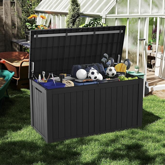 Mars Villa 150 Gallon Outdoor Storage Box, Large Resin Deck Box, Waterproof Storage Bin with Lockable Lid, Ideal for, Outdoor, Patio Furniture Cushions, Pool Supplies, Garden Tools, Black
