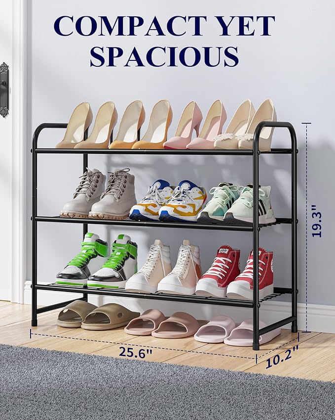 Kitsure Shoe Rack - Stainless Steel Shoe Organizer, Sturdy Shoe Rack for Closet and Front Door Entrance, Free Standing Shoe Shelf, Closet Organizers and Storage, 25.6" Wide - 3 Tier, Black